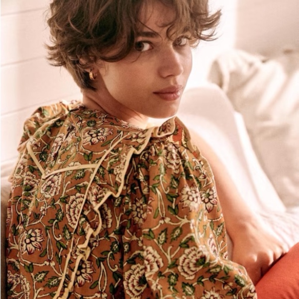 Sezane Angeline Flower Printed Ruffle Blouse